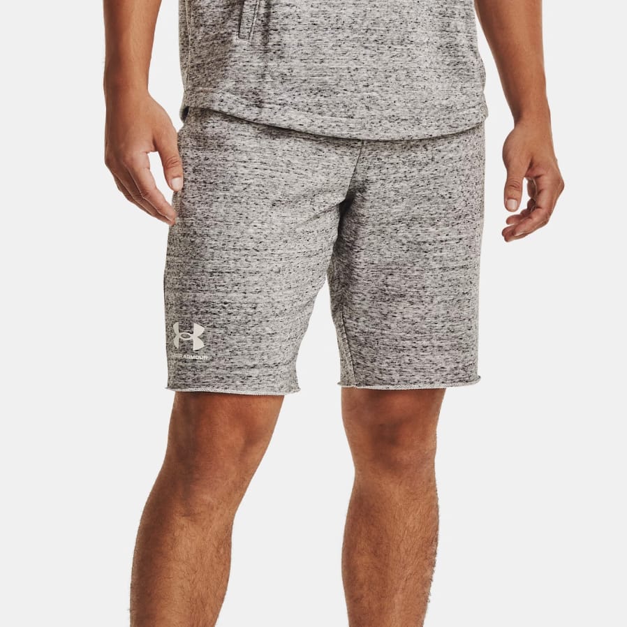 Heathered grey athletic shorts with a small logo on the left thigh.