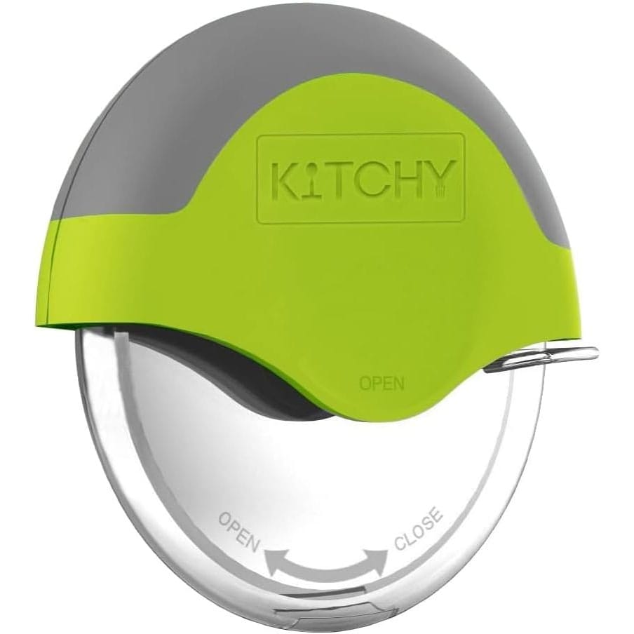The Kitchy Pizza Cutter features a circular stainless steel blade with a protective green and gray handle that fits in the palm for easy slicing.