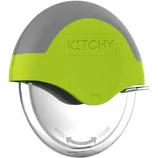 The Kitchy Pizza Cutter features a circular stainless steel blade with a protective green and gray handle that fits in the palm for easy slicing.