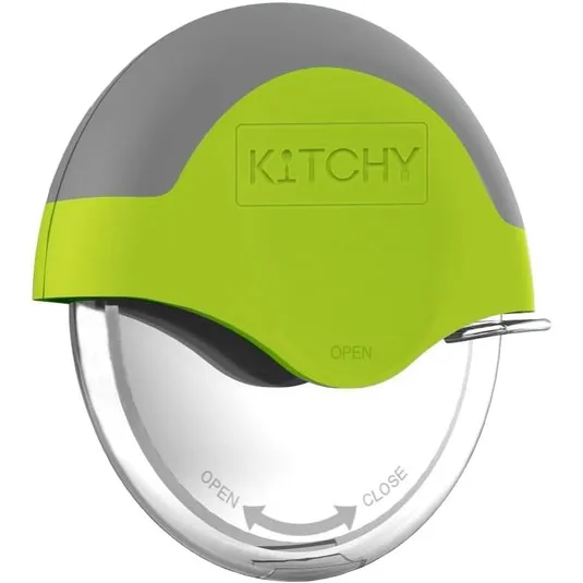 The Kitchy Pizza Cutter features a circular stainless steel blade with a protective green and gray handle that fits in the palm for easy slicing.