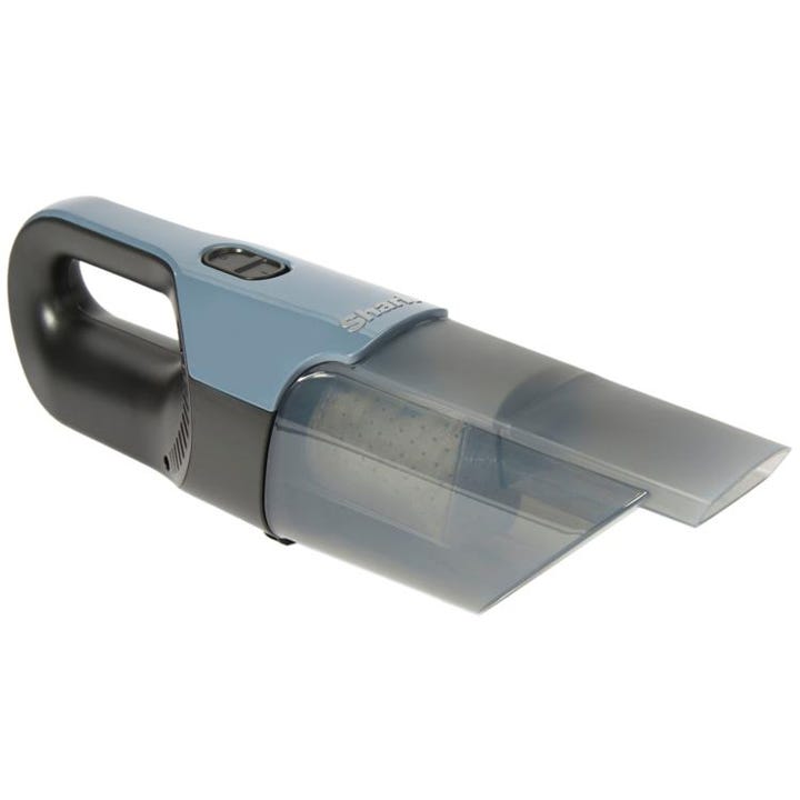 A handheld vacuum cleaner with a compact design, featuring a blue and black color scheme and a visible dust container.