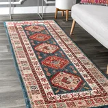 A decorative area rug with a traditional Persian-style pattern featuring blue, red, and cream colors, placed on a dark wood floor next to a gray sofa and white furniture.