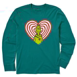 Teal long-sleeve shirt featuring the Grinch inside a red and white heart design. The words \“Life is Good\“ are subtly visible on the shirt.