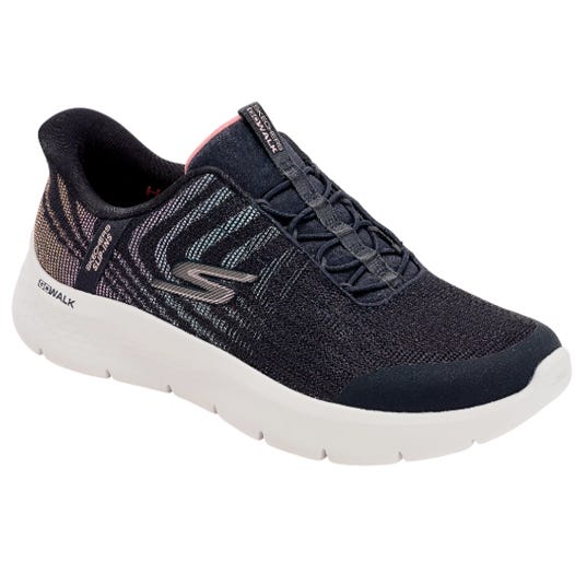 Skechers slip-on shoe featuring a black knit upper with the logo, white sole, and elastic lacing.