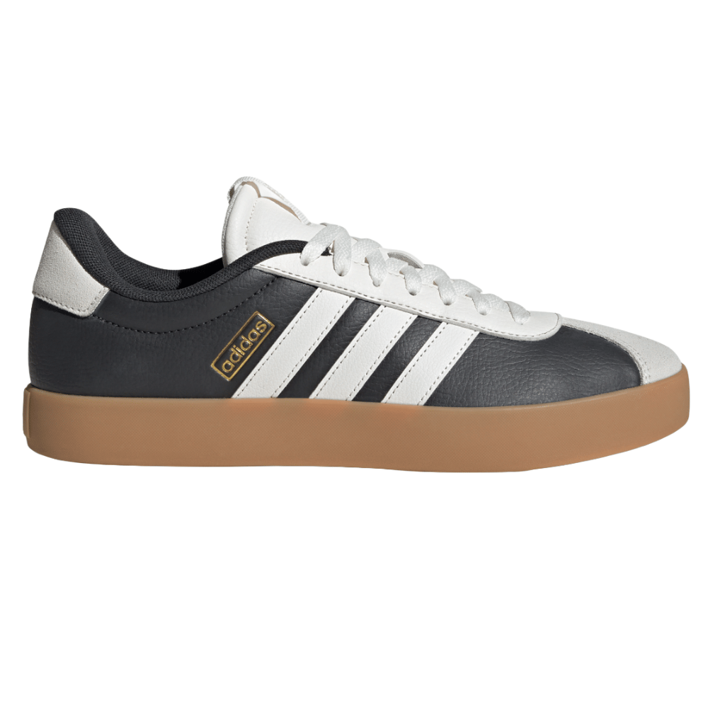 Black and white Adidas sneaker with three white stripes, a brown gum sole, and a gold Adidas logo on the side.