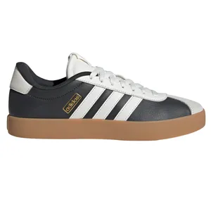 Black and white Adidas sneaker with three white stripes, a brown gum sole, and a gold Adidas logo on the side.