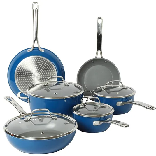Blue cookware set featuring various pots and pans with glass lids and stainless steel handles.