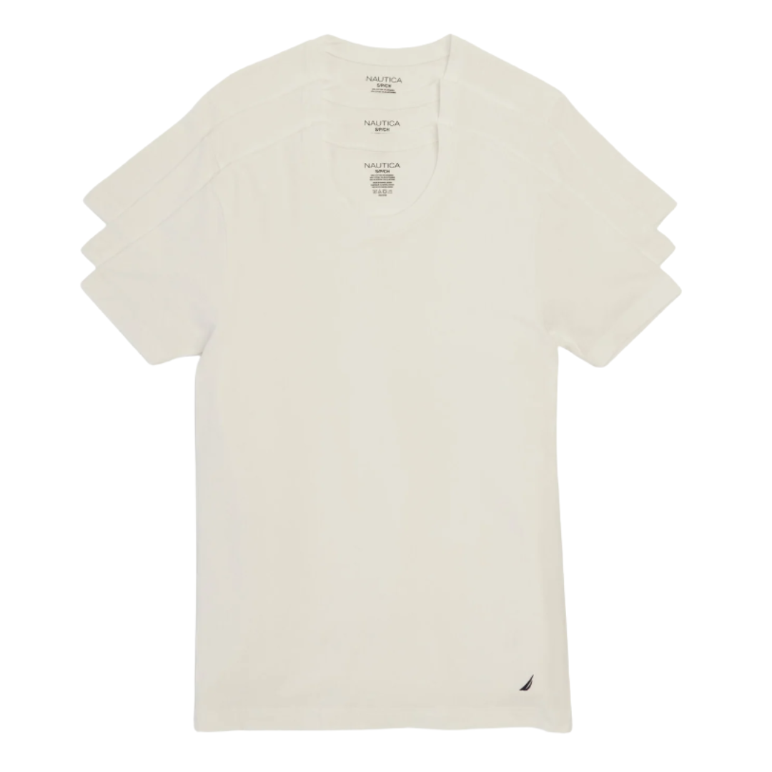 A set of three white Nautica crew-neck t-shirts.