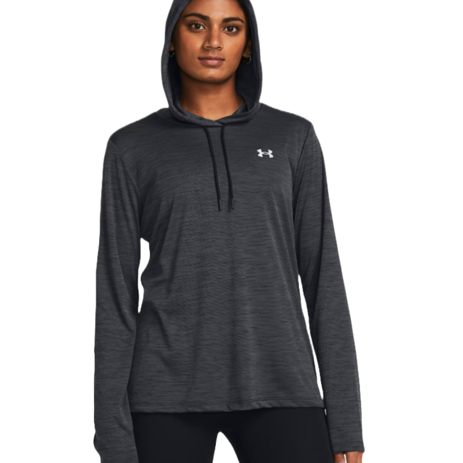 The UA Tech Hoodie is a lightweight, long-sleeve hoodie in dark gray with a small Under Armour logo on the chest. It features a relaxed fit and a drawstring hood.
