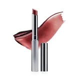 A sleek silver lipstick tube with its cap off is shown alongside a swatch of rich, dark red-brown lipstick.