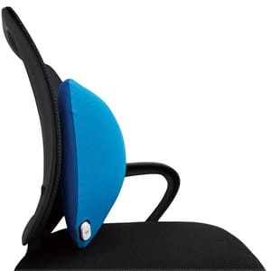 Blue adjustable back cushion for an office chair, featuring a power button, designed to provide ergonomic lumbar support.