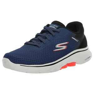 Navy blue Skechers Go Walk 7 sneakers with a breathable mesh upper, white cushioned sole with Hyper Burst and black detailing. Features lace-up design, signature \“S\“ logo, and a touch of orange on the sole.