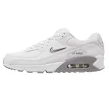 Nike Air Max 90 white sneaker with a visible air unit, featuring a white and gray color scheme and a swoosh logo on the side.