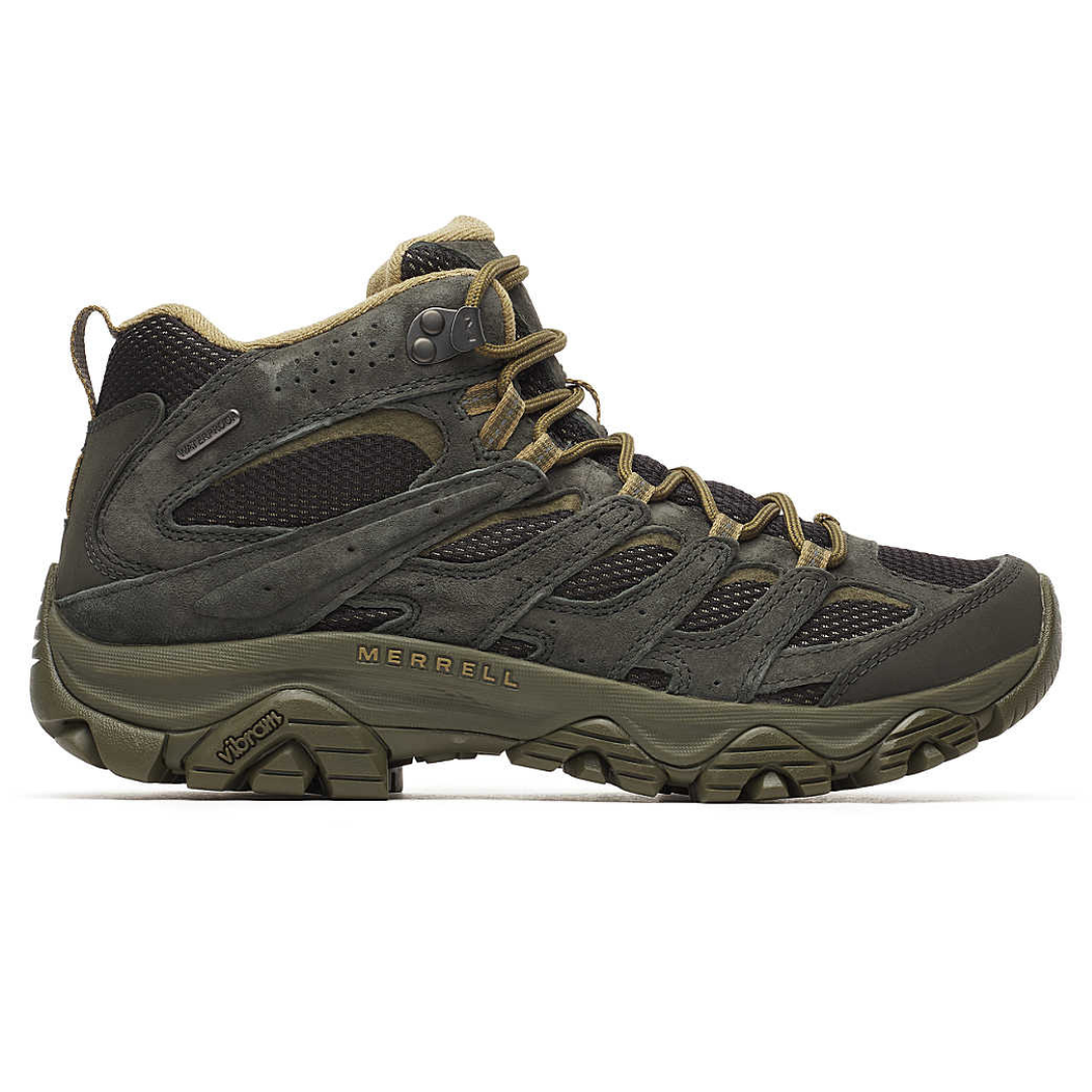 A Merrell hiking boot featuring a high-ankle design, black and olive color scheme, with a Vibram sole for traction and durability.