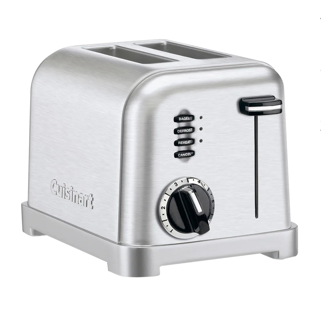 A Cuisinart stainless steel two-slice toaster featuring bagel, defrost, reheat, and cancel buttons, with an adjustable browning control dial.