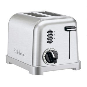 A Cuisinart stainless steel two-slice toaster featuring bagel, defrost, reheat, and cancel buttons, with an adjustable browning control dial.
