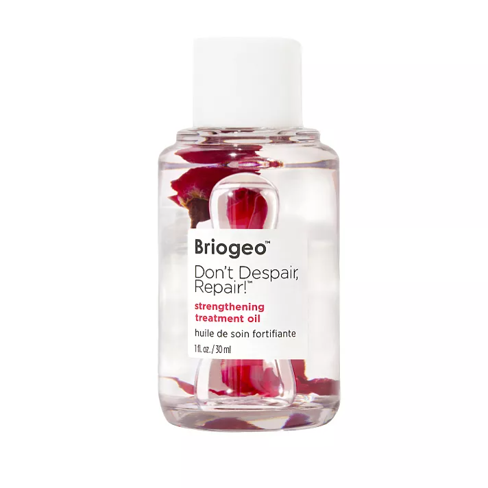 Briogeo Don't Despair, Repair! strengthening treatment oil, 1 fl. oz (30 ml), with a clear bottle containing a visible red flower inside.