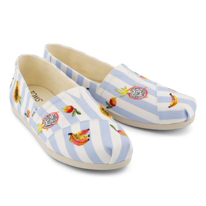 Striped slip-on shoes with a blue and white pattern, featuring embroidered fruits such as pineapples, bananas, and peaches.