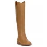 A tan knee-high boot with a low block heel and side pull tab, featuring smooth leather and decorative stitching.
