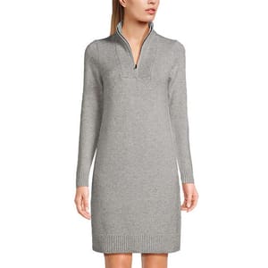 Gray knit sweater dress with long sleeves and a quarter-zip neckline, featuring ribbed cuffs and hem.