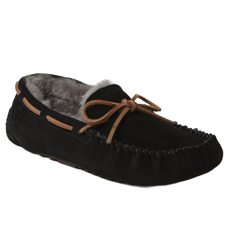 A black suede moccasin-style slipper with a brown leather lace and plush gray inner lining.