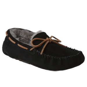 A black suede moccasin-style slipper with a brown leather lace and plush gray inner lining.