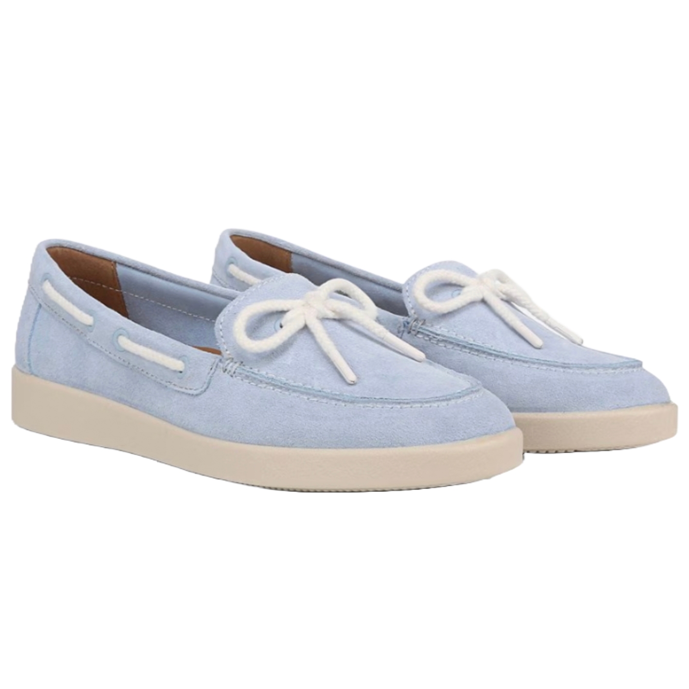 Light blue suede loafers with white laces and midsole, featuring a bow detail on top.