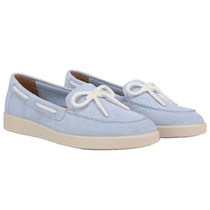 Light blue suede loafers with white laces and midsole, featuring a bow detail on top.