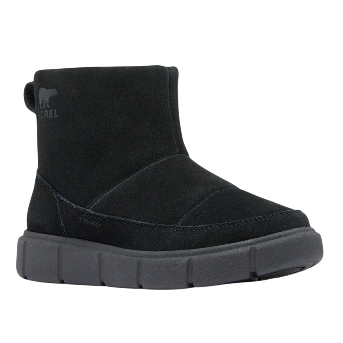 Black waterproof ankle boot with a suede upper and thick, rugged sole. Brand logo visible on the side.