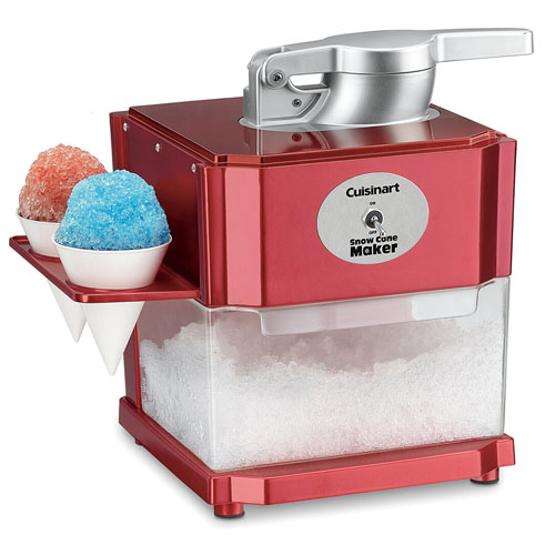 A Cuisinart snow cone maker with a metal ice-shaving lever and a storage compartment for shaved ice, featuring two snow cones in assorted colors on the side tray.