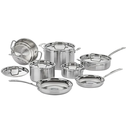 A 10-piece stainless steel cookware set including saucepans, frying pans, stockpots, a steamer insert, and matching lids.