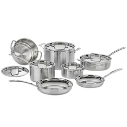 A 10-piece stainless steel cookware set including saucepans, frying pans, stockpots, a steamer insert, and matching lids.