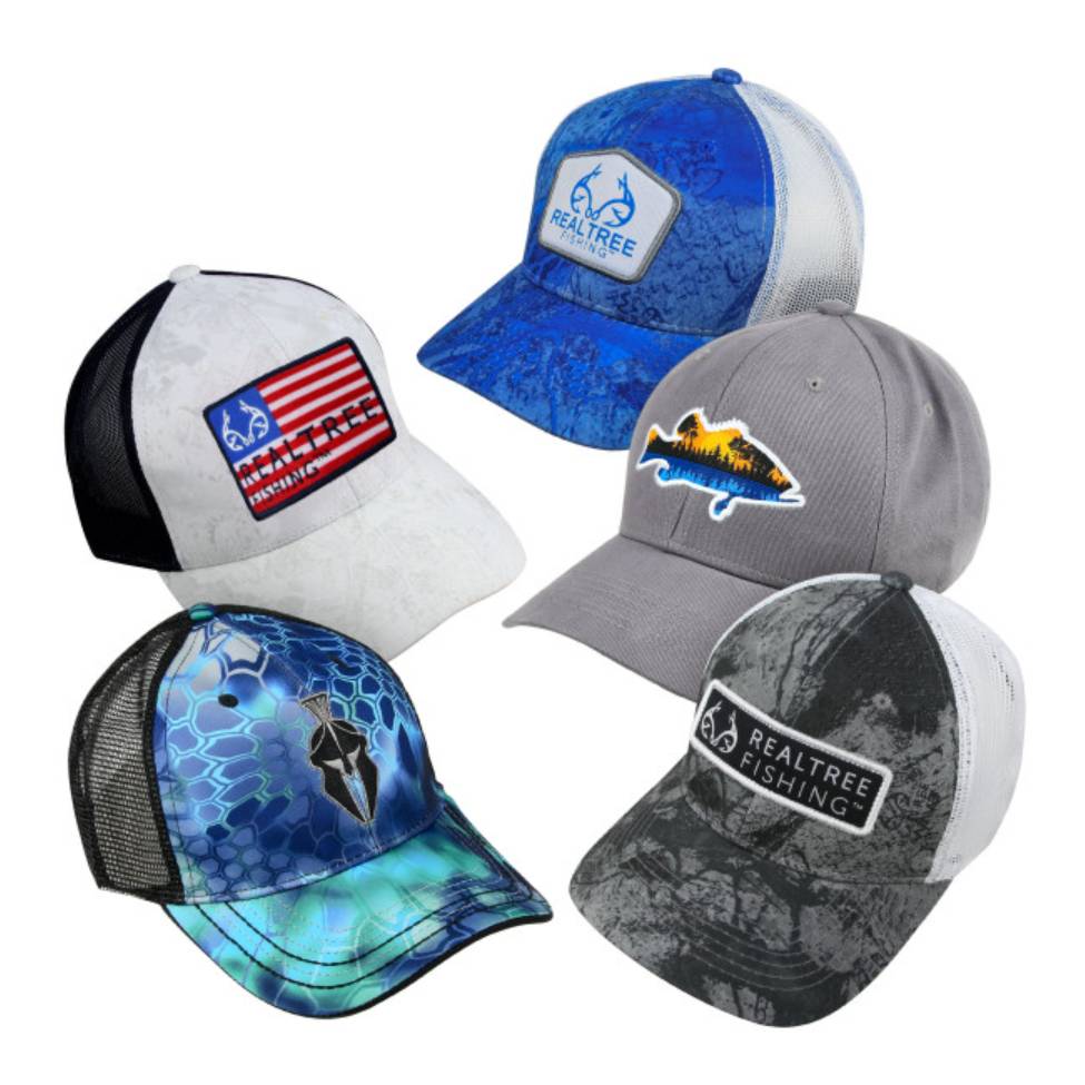 Five baseball caps with various designs and colors, featuring logos and patterns related to fishing and outdoors. Styles include mesh and solid caps with graphics such as fish and an American flag.