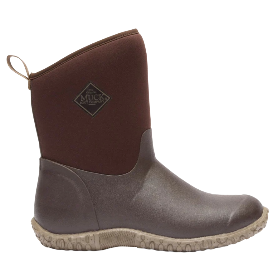 A brown, mid-calf rain boot from The Original Muck Boot Company with a rugged sole and pull tab.