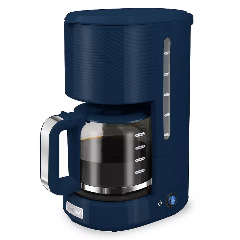 A blue drip coffee maker with a glass carafe featuring measurement markings and a transparent water level indicator on the side.