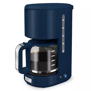 A blue drip coffee maker with a glass carafe featuring measurement markings and a transparent water level indicator on the side.