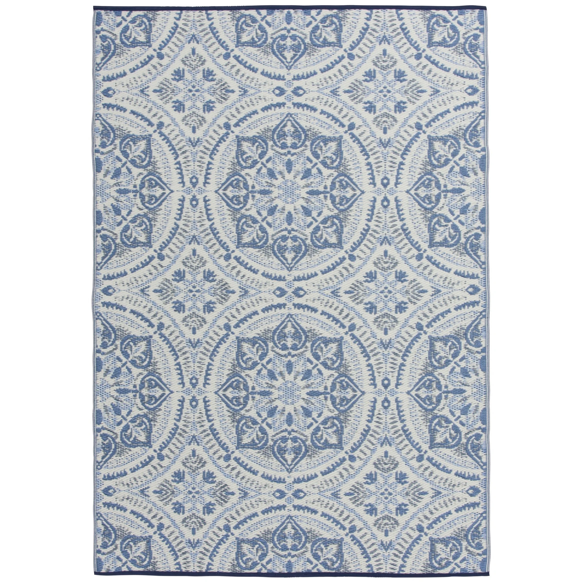 A 5' x 7' outdoor rug with a blue and white intricate geometric and floral pattern, featuring circular and diamond shapes for a decorative touch.