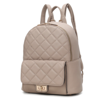 A beige quilted backpack with a front flap pocket and gold clasp, featuring adjustable shoulder straps.