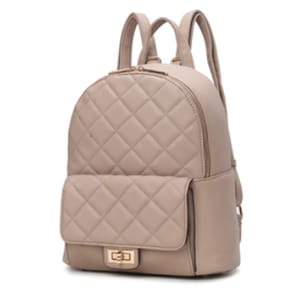 A beige quilted backpack with a front flap pocket and gold clasp, featuring adjustable shoulder straps.