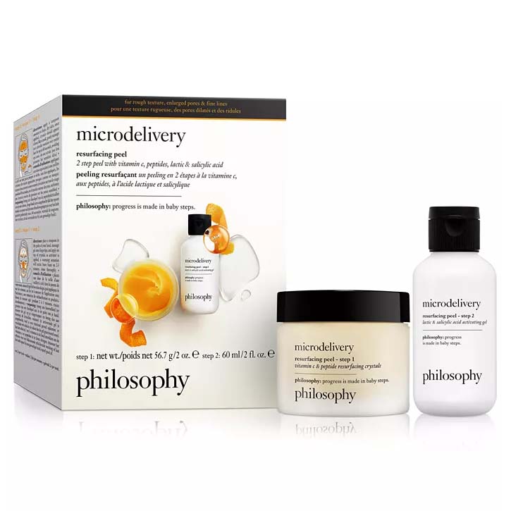 Philosophy Microdelivery resurfacing peel set includes a two-step treatment with vitamin C, peptides, lactic, and salicylic acid, designed for improving skin texture, pores, and fine lines.