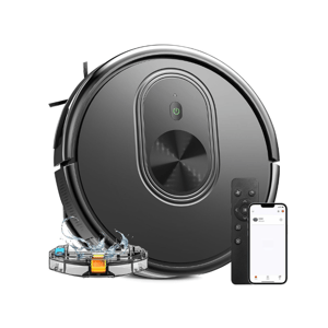 A robotic vacuum cleaner with a remote control and smartphone app, featuring a water tank for mopping functionality.