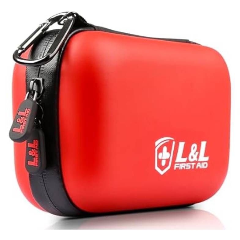 A compact red first aid kit with a black zipper and carabiner, labeled \“L&L First Aid.\“ It’s likely designed for portability and emergency situations.