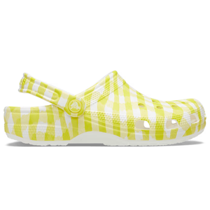 Yellow and white gingham-patterned Crocs clog with adjustable heel strap and ventilation ports.