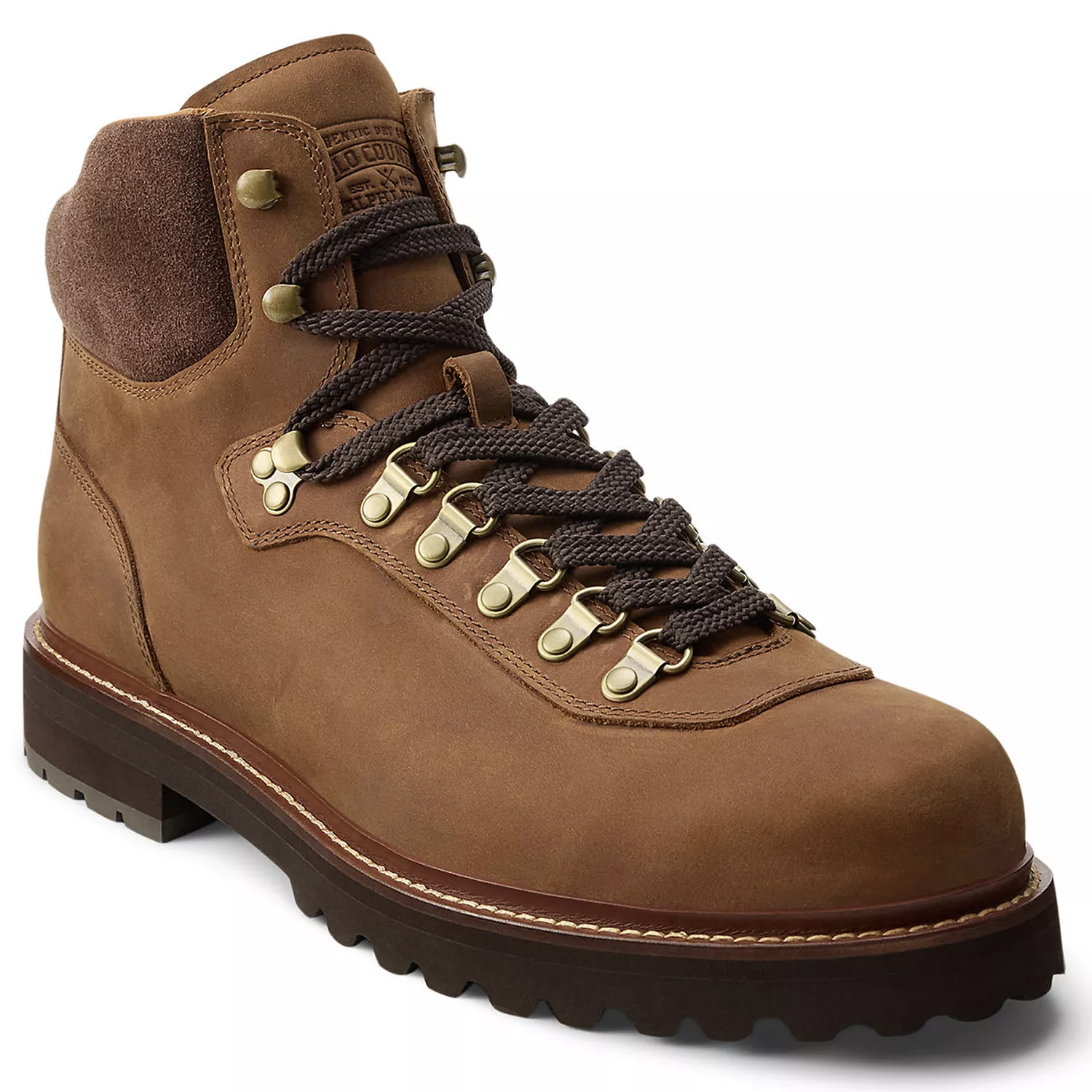 Brown leather hiking boot with a padded collar, metal eyelets, and brown laces, featuring a durable sole with a strong grip.