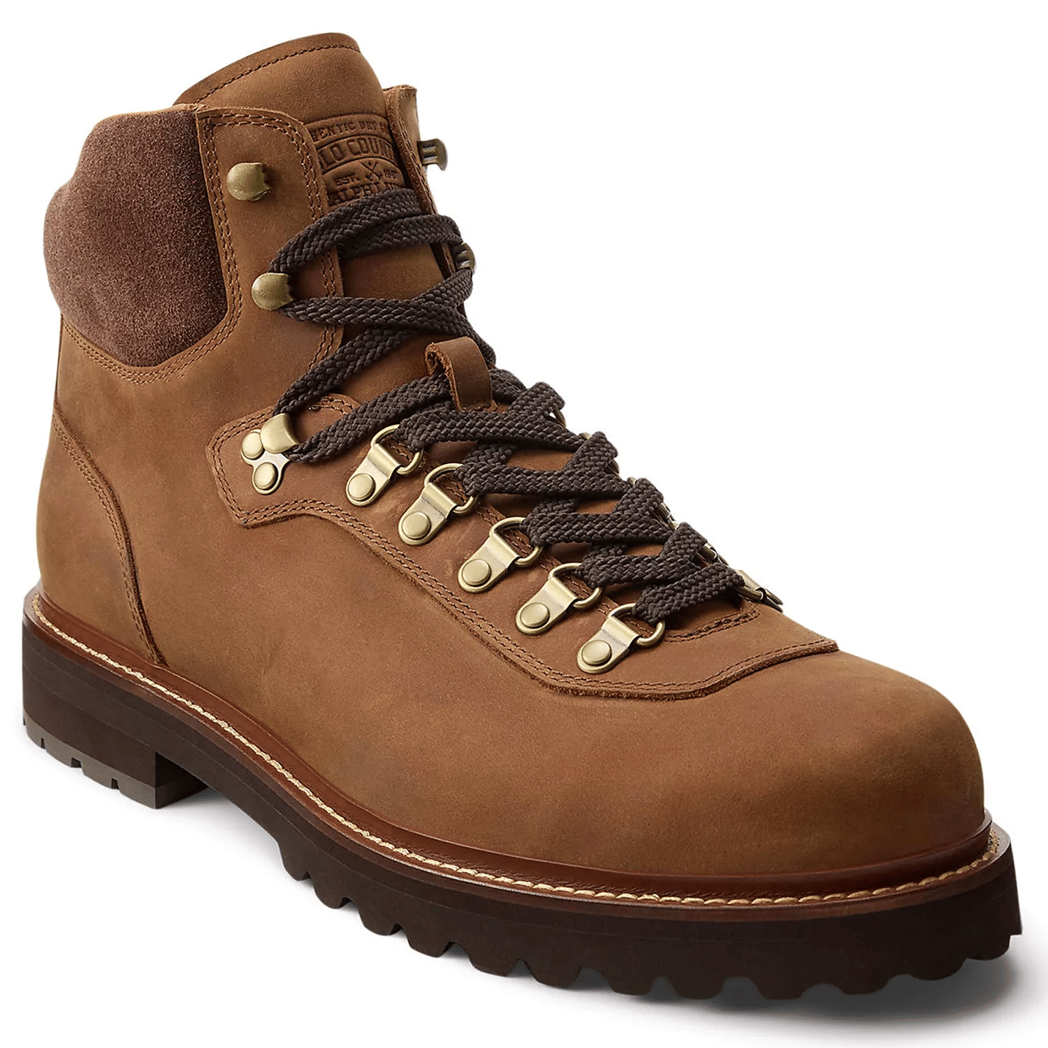 Brown leather hiking boot with a padded collar, metal eyelets, and brown laces, featuring a durable sole with a strong grip.