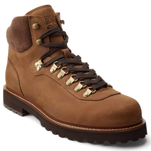 Brown leather hiking boot with a padded collar, metal eyelets, and brown laces, featuring a durable sole with a strong grip.