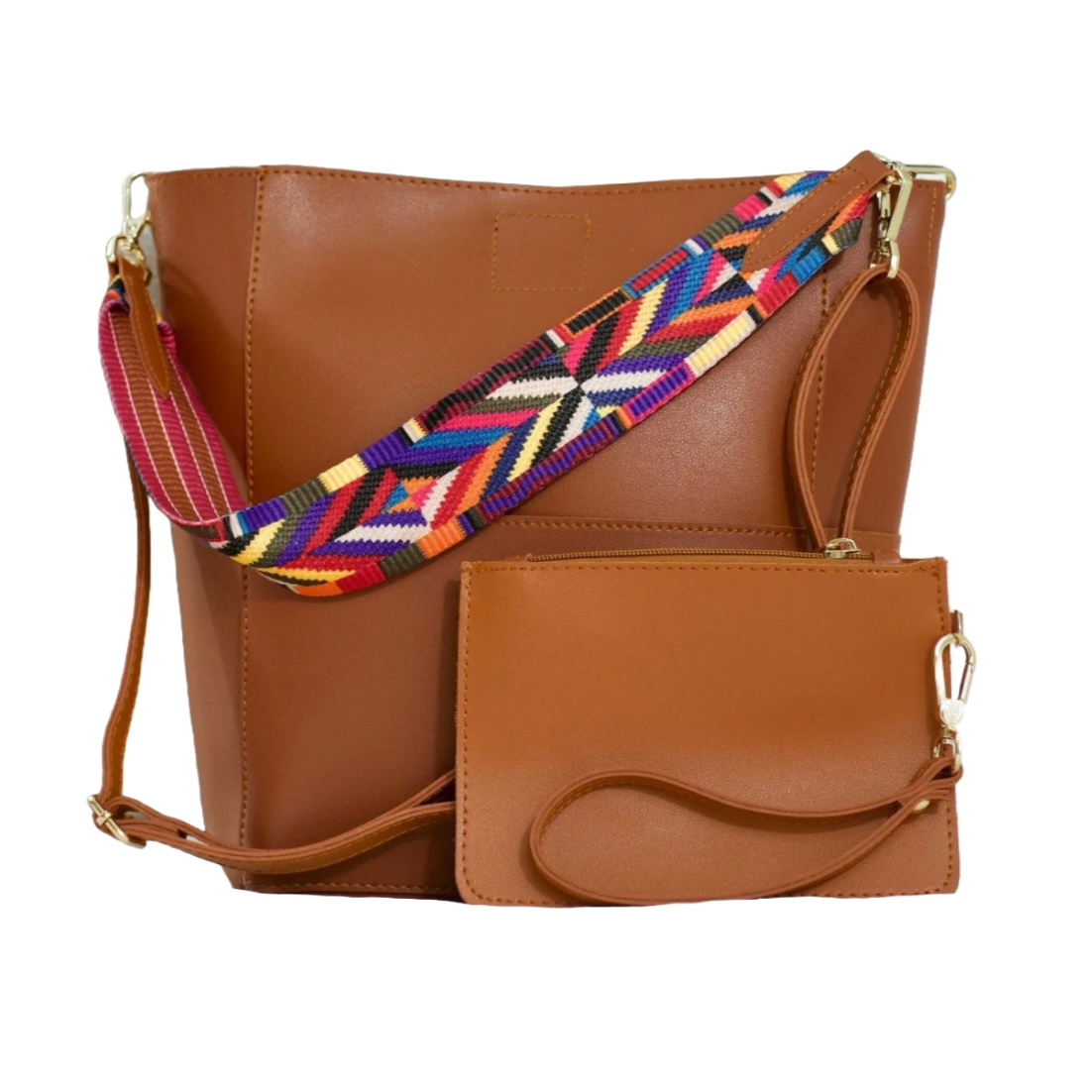 Brown handbag and wristlet set with a colorful, geometric-patterned strap. The handbag features a spacious design and the wristlet is attached with a matching leather strap.