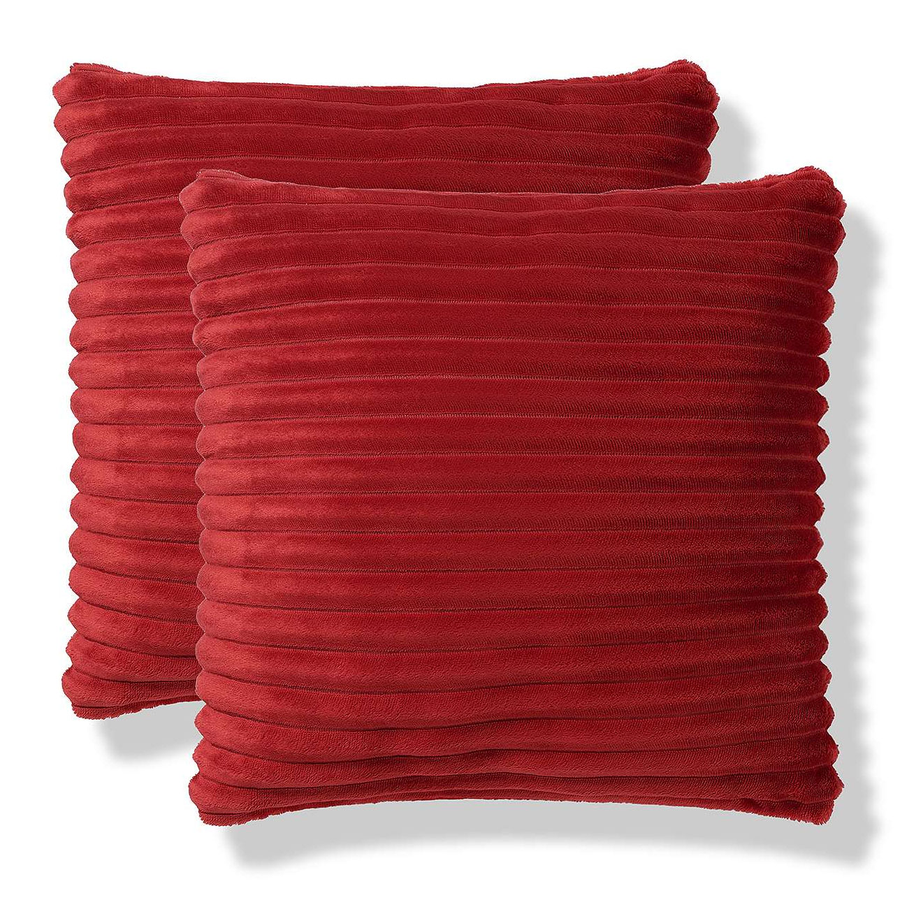 Two red square throw pillows with a ribbed texture.