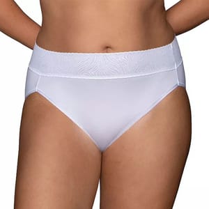 A pair of white women's underwear with a wide, textured waistband.
