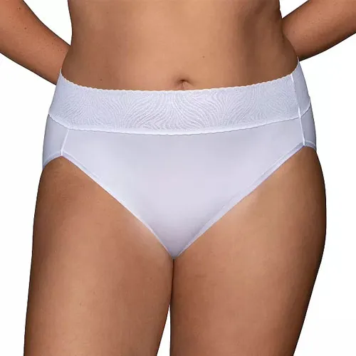A pair of white women's underwear with a wide, textured waistband.